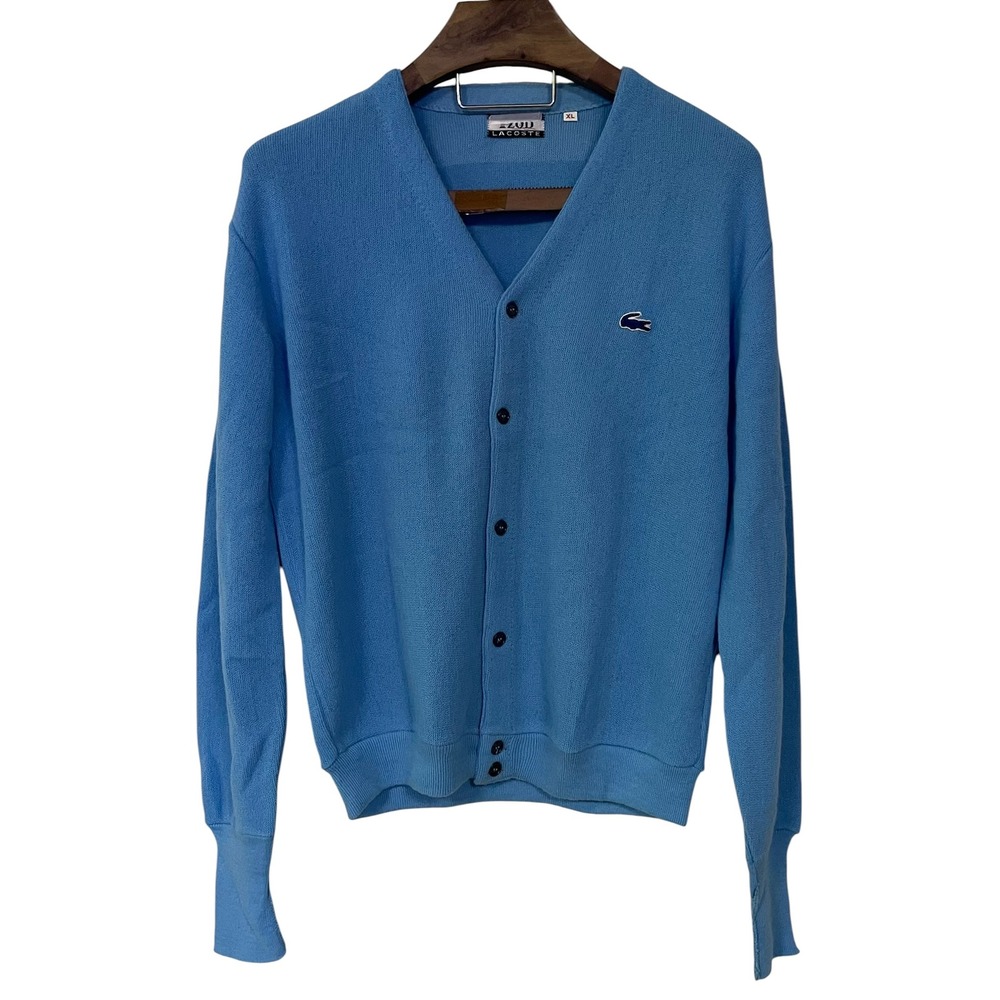Vintage Izod Lacoste Mens Blue Cardigan Sweater Crocodile Logo Preppy Grandpa XL